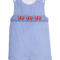 Little English traditional children's clothing for toddler boys, royal gingham john john with fire truck smocking