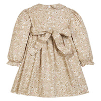 Little English traditional children's clothing. Long sleeve peter pan dress in tan Camden Floral with smocking across the chest for little girls.
