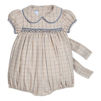 Little English classic children's clothing. Smocked peter pan bubble in tan and blue Durham windowpane with puff sleeves and blue piping for baby girls
