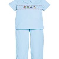 Little English traditional children's clothing. Boys blue corduroy set - banded pants paired with Eaton collar short sleeve top with holiday train smocking across the chest.
