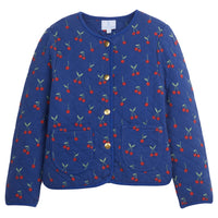 Little English traditional children's clothing. Blue quilted jacket with cherry print for girls for Fall