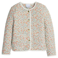 little english classic children's clothing girls button down jacket in light orange, cream, blue, and green floral print for fall with cream piping and front pockets