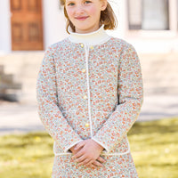 little english classic children's clothing, solid ribbed turtleneck in ivory, sophie jacket and skirt in james floral for girls, coordinating fall outfits