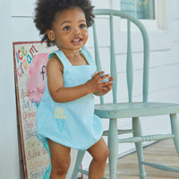 Little English traditional children's clothing, baby boy's classic aqua blue bubble for Spring with blue and yellow ice cream cone applique