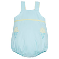 Little English traditional children's clothing, baby boy's classic aqua blue bubble for Spring with blue and yellow ice cream cone applique