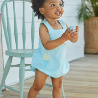 Little English traditional children's clothing, baby boy's classic aqua blue bubble for Spring with blue and yellow ice cream cone applique