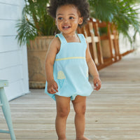 Little English traditional children's clothing, baby boy's classic aqua blue bubble for Spring with blue and yellow ice cream cone applique