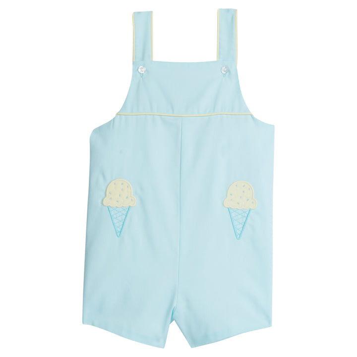 Little English traditional children's clothing, boy's classic aqua blue shortall for Spring with blue and yellow ice cream cone applique