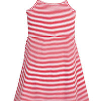 Little English traditional children's clothing. White and red striped knit dress for girls for Spring. Strappy red play dress for girls, 4th of July dress