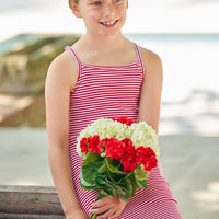 Little English traditional children's clothing. White and red striped knit dress for girls for Spring. Strappy red play dress for girls, 4th of July dress