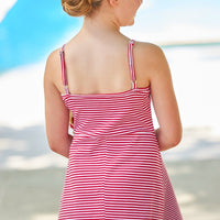 Little English traditional children's clothing. White and red striped knit dress for girls for Spring. Strappy red play dress for girls, 4th of July dress