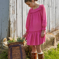 Little English classic childrens clothing tween girls bright pink long sleeve dress with ruffle detail on skirt and neckline