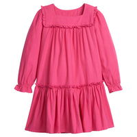 Little English classic childrens clothing tween girls bright pink long sleeve dress with ruffle detail on skirt and neckline