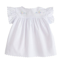 Little English traditional kids clothing. White tea blouse with scallop edging, flutter sleeves, and multi-colored flower and bow embroidery