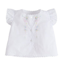 Little English traditional kids clothing. White tea blouse with scallop edging, flutter sleeves, and multi-colored flower and bow embroidery