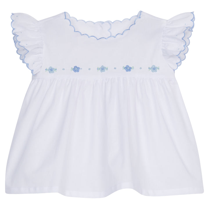 Little English traditional children's clothing, baby girl's classic white blouse with light blue scallop trim at neck and sleeves with blue floral embroidery for Spring