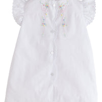 Little English traditional kids clothing. Classic white newborn gown with flutter sleeves, scallop edging, and multi-colored floral and bow embroidery