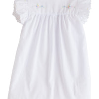 Little English traditional kids clothing. Classic white newborn gown with flutter sleeves, scallop edging, and multi-colored floral and bow embroidery