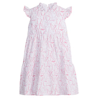 Little English traditional children's clothing. White and pink tulip print dress for girls for Spring. Easter outfit for girls