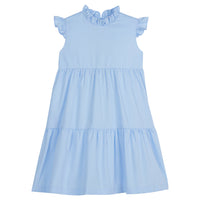 Little English traditional children’s clothing, girl's light blue tiered dress for Spring with ruffles at the collar and sleeves