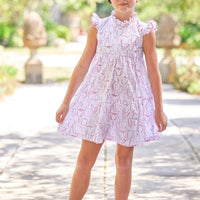 Little English traditional children's clothing. White and pink tulip print dress for girls for Spring. Easter outfit for girls