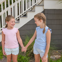 Little English traditional children's clothing. Classic scallop hem shorts with elastic waistband in soft green and white stripe for girls.