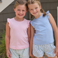 Little English traditional children's clothing. Classic scallop hem shorts with elastic waistband in soft green and white stripe for girls.