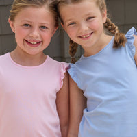 Little English classic tilly tanks in light blue and pink with flutter sleeves, scallop shorts in green meriwether stripe and mayfair floral, for little girls