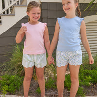 Little English classic tilly tanks in light blue and pink with flutter sleeves, scallop shorts in green meriwether stripe and mayfair floral, for little girls