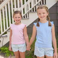 Little English traditional children's clothing. Classic scallop hem shorts with elastic waistband in soft green and white stripe for girls.