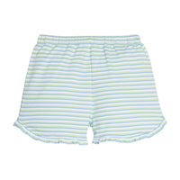 Little English classic tulip knit short in green, blue, and white stripe, ruffles at bottom, for little girl