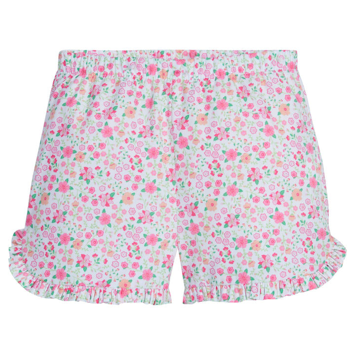 Little English girl's woven short with elastic waist and ruffled hem, pink floral casual play shorts for Spring