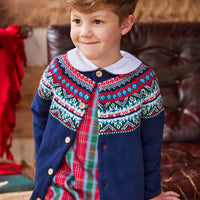 Little English traditional children's clothing, Highlands Fair Isle cardigan in navy with wooden buttons down the center, for little boy