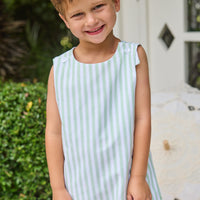 Little English traditional children's clothing. Classic john john for toddler boys in light green and white Meriwether stripe