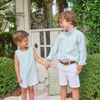 Little English traditional children's clothing. Classic john john for toddler boys in light green and white Meriwether stripe