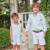 Little English traditional children's clothing. Classic john john for toddler boys in light green and white Meriwether stripe