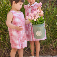 Little English traditional children's clothing. Classic dress for toddler girls in red windowpane with peter pan collar and tulip embroidery