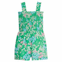 Little English traditional children's clothing. Green, blue and pink floral romper for girls for Spring