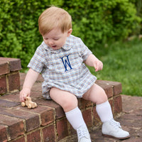 little english classic children's clothing baby boys light blue, cream, and brown plaid bubble with collar and buttons at chest for fall