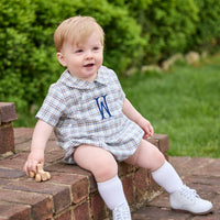 little english classic children's clothing baby boys light blue, cream, and brown plaid bubble with collar and buttons at chest for fall