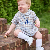 little english classic children's clothing baby boys light blue, cream, and brown plaid bubble with collar and buttons at chest for fall