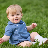 little english classic children's clothing, baby boys stormy blue corduroy bubble with collar and buttons at chest for fall