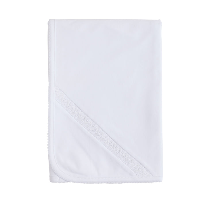 Little English classic receiving blanket for newborns, white cotton blanket with smocking
