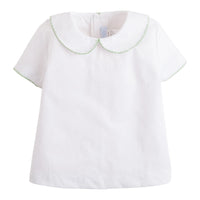 Little English traditional children's clothing, baby boy's classic peter pan collar shirt with green whipstitch detailing for Spring