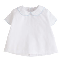 Little English traditional children's clothing, baby boy's classic peter pan collar shirt with light blue whipstitch detailing for Spring