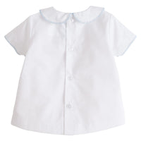 Little English traditional children's clothing, baby boy's classic peter pan collar shirt with light blue whipstitch detailing for Spring