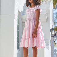 Little English traditional children's clothing, girl's casual tiered eyelet dress in pink with flutter sleeve for Spring
