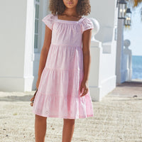 Little English traditional children's clothing, girl's casual tiered eyelet dress in pink with flutter sleeve for Spring