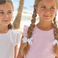 Little English traditional children's clothing, girl's casual eyelet tank in pink with ruffle sleeve detail for Spring