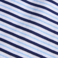 Little English traditional children's clothing. Navy, blue, and white Winslow Stripe knit fabric swatch